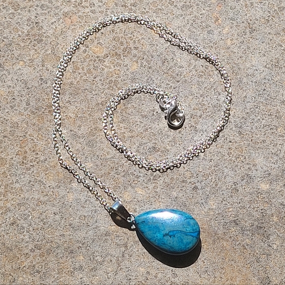 Blue Ocean Jasper Teardrop Stone Sterling Silver Necklace - Picture 4 of 5